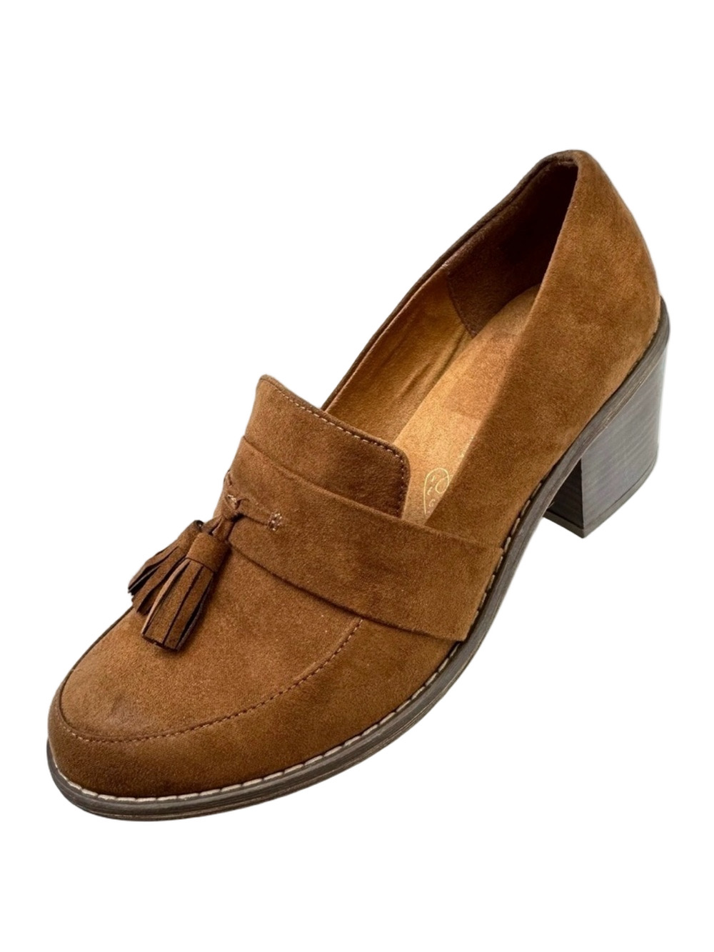 BC brown slip on stacked loafer Womens size 7.5 microfibre suede tassels NEW
